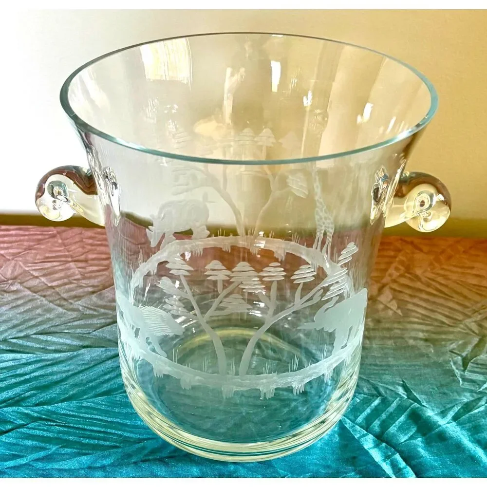 Vintage Etched Safari Glass Ice Bucket Jungle Wildlife Champagne Chiller